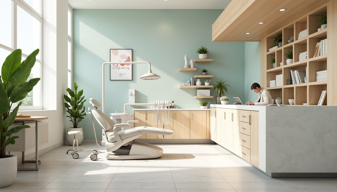 Prompt: Calming dental clinic, soft pastel colors, gentle whites, creamy beiges, soothing blues, pale greens, warm wood accents, modern minimalist design, sleek metal equipment, sterile glass surfaces, subtle texture patterns, ambient lighting, shallow depth of field, 1/1 composition, realistic renderings, natural materials, calming atmosphere, serene ambiance.