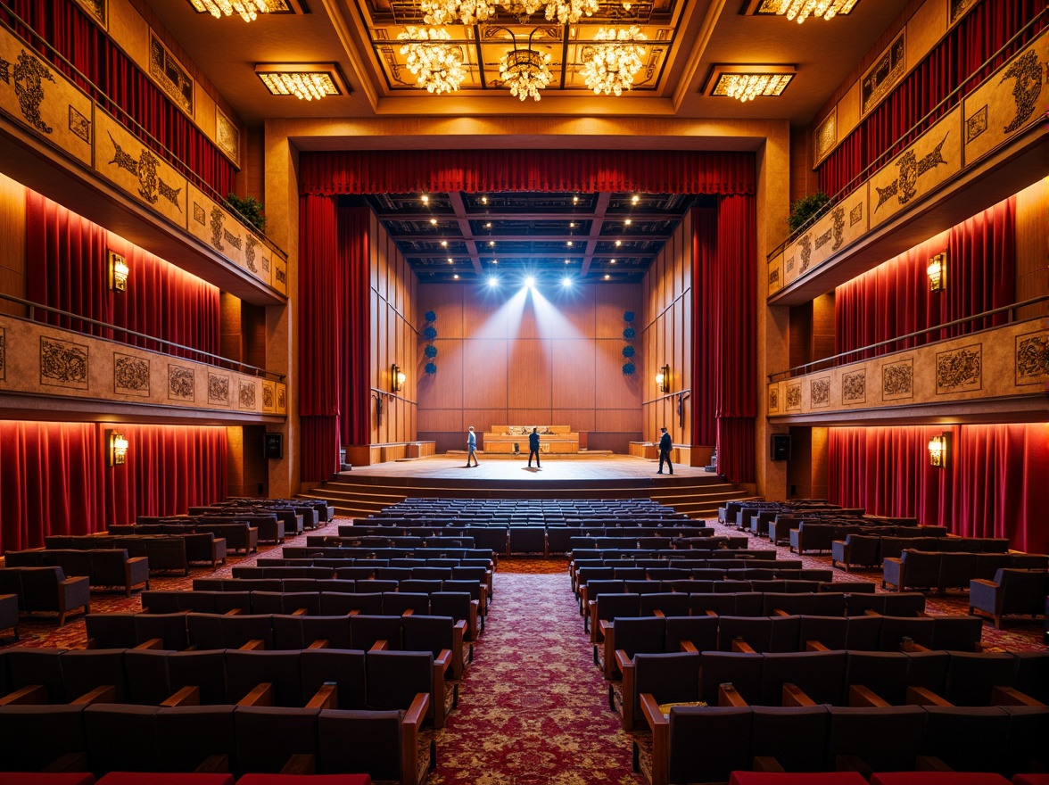 Prompt: Vibrant concert hall, rich wood tones, warm golden lighting, bold red accents, deep blue seats, polished metal fixtures, luxurious velvet curtains, ornate chandeliers, grand staircase, opulent balconies, lavish box seats, dramatic spotlights, soft warm glow, shallow depth of field, 1/1 composition, realistic textures, ambient occlusion.