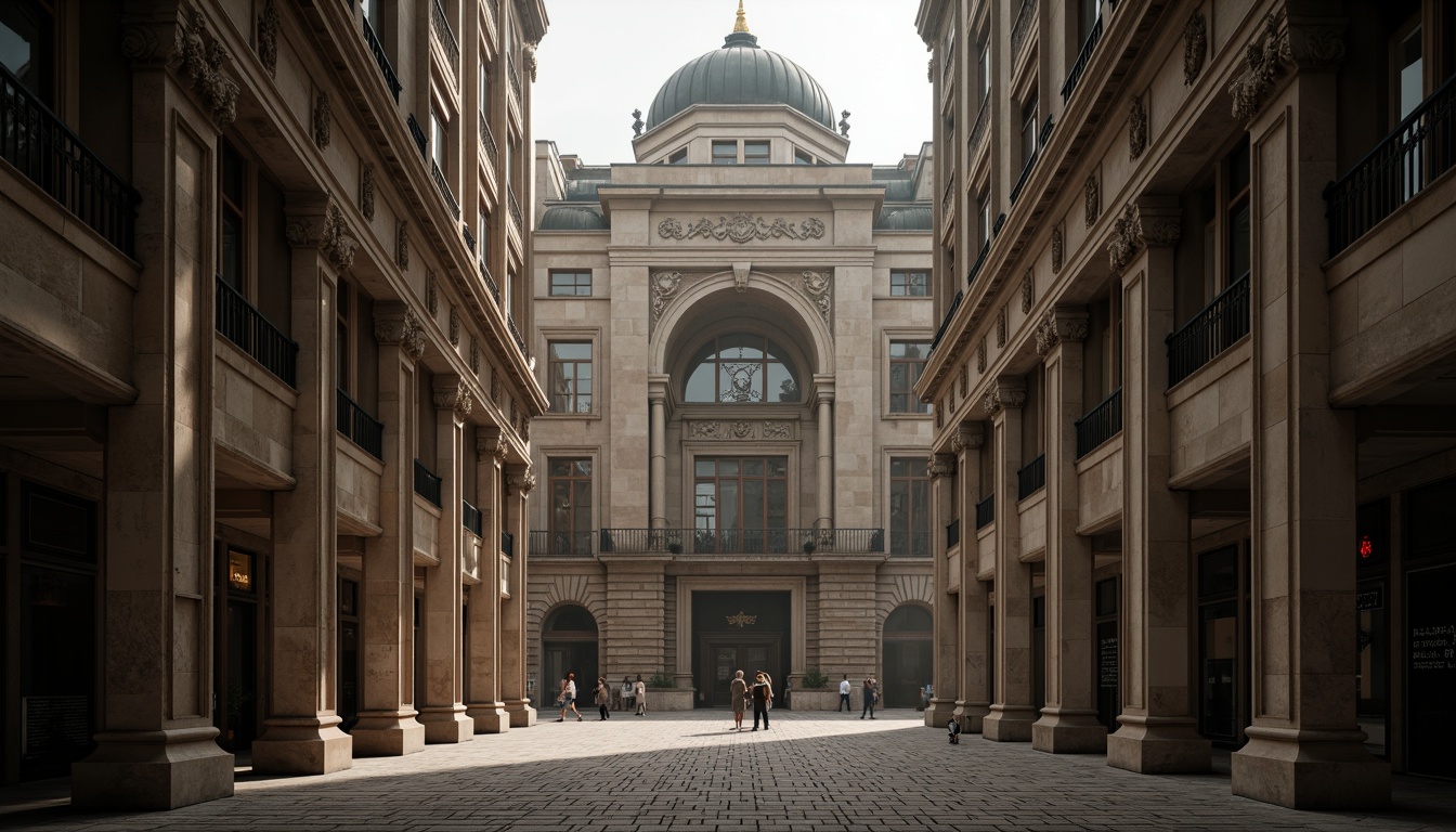 Prompt: Monumental buildings, imposing structures, robust columns, sturdy arches, grand entrances, ornate facades, symmetrical compositions, classical proportions, harmonious massing, balanced forms, natural stone materials, rough-hewn textures, earthy color palette, dramatic lighting effects, deep shadows, atmospheric perspective, 1/2 composition, low-angle view, cinematic mood.