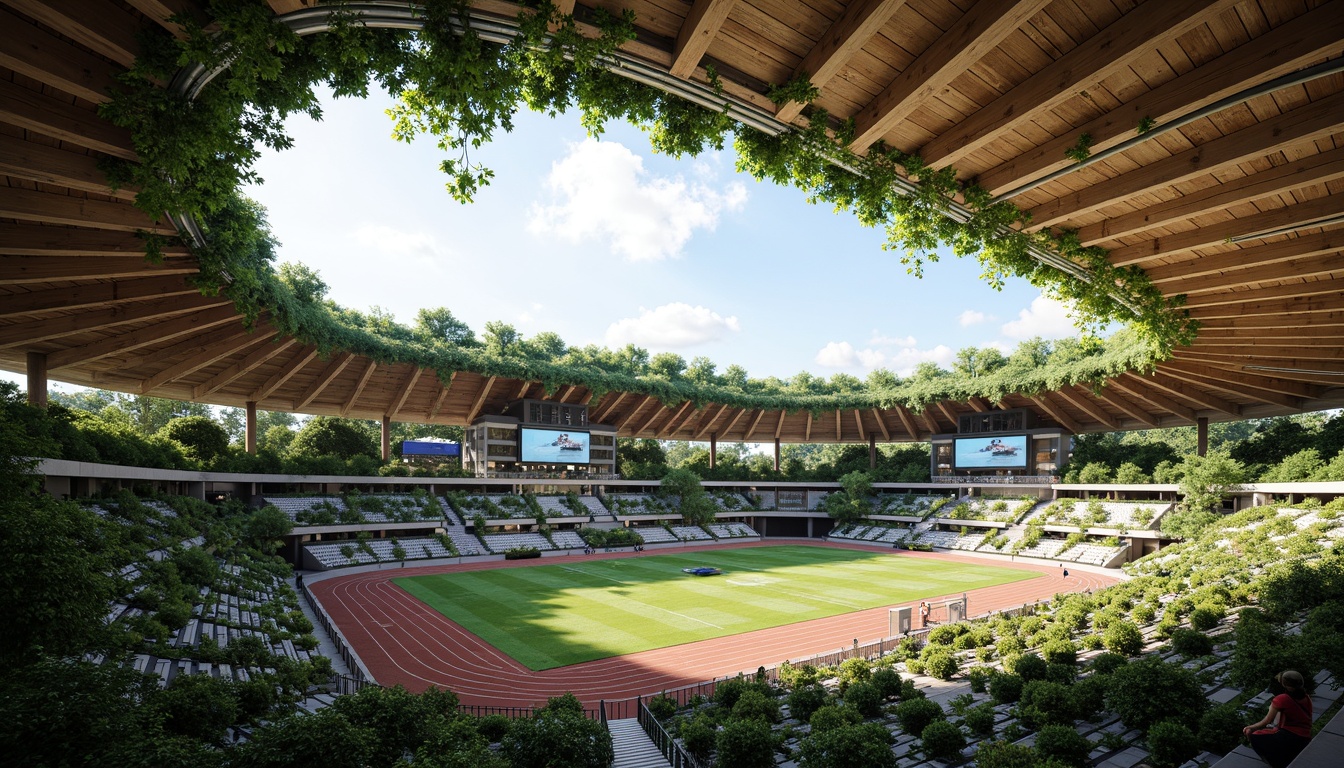 Prompt: Transparent stadium roof, lush greenery, organic curves, natural ventilation, earthy tones, reclaimed wood accents, living walls, bio-inspired columns, undulating seating areas, dynamic lighting systems, misting cooling technologies, panoramic views, shallow depth of field, 3/4 composition, realistic textures, ambient occlusion, vibrant athletic tracks, modern scoreboard displays, sleek athlete sculptures, eco-friendly materials, sustainable energy solutions.