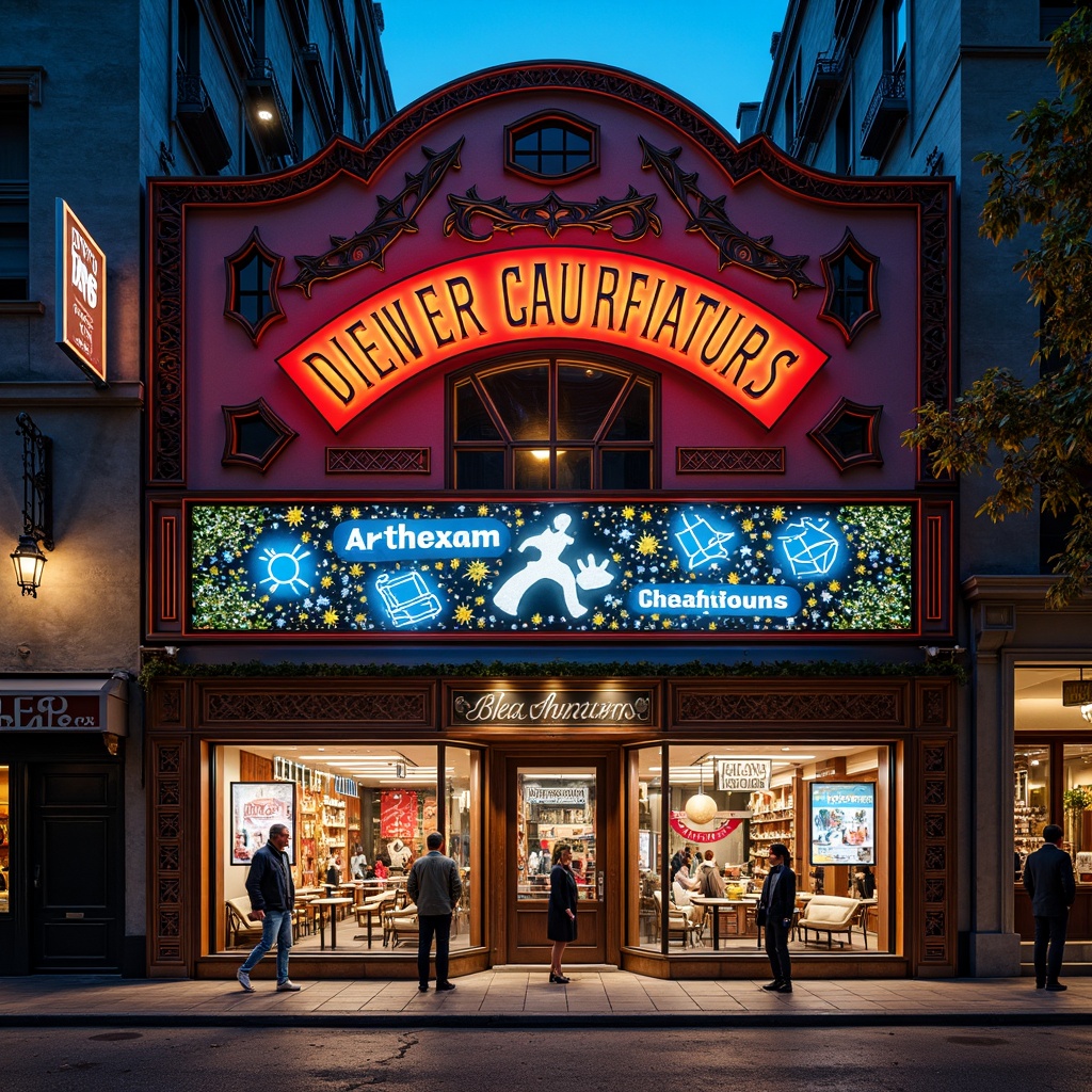 Prompt: Vibrant storefront, eclectic facade, ornate decorations, Art Nouveau patterns, bold typography, bright neon signs, geometric shapes, abstract murals, dynamic LED lights, reflective glass surfaces, metallic accents, industrial materials, urban cityscape, bustling streets, pedestrian traffic, dramatic nighttime lighting, shallow depth of field, 1/1 composition, realistic textures, ambient occlusion.