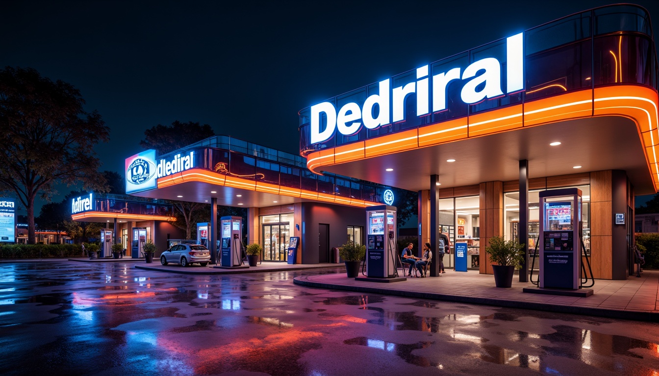 Prompt: Vibrant gas station, neon signage, bold typography, metallic accents, glossy finishes, retro-futuristic architecture, sleek lines, angular shapes, bright LED lights, electric blue hues, fiery orange tones, deep black backgrounds, high-contrast color scheme, 3D modeling, realistic reflections, ambient occlusion, shallow depth of field, panoramic view.