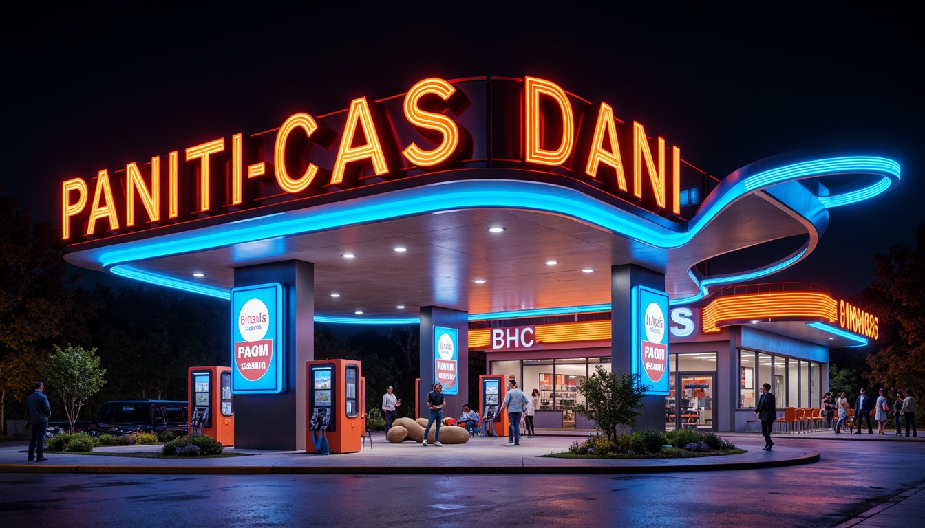 Prompt: Vibrant gas station, neon signage, bold typography, metallic accents, glossy finishes, retro-futuristic architecture, sleek lines, angular shapes, bright LED lights, electric blue hues, fiery orange tones, deep black backgrounds, high-contrast color scheme, 3D modeling, realistic reflections, ambient occlusion, shallow depth of field, panoramic view.