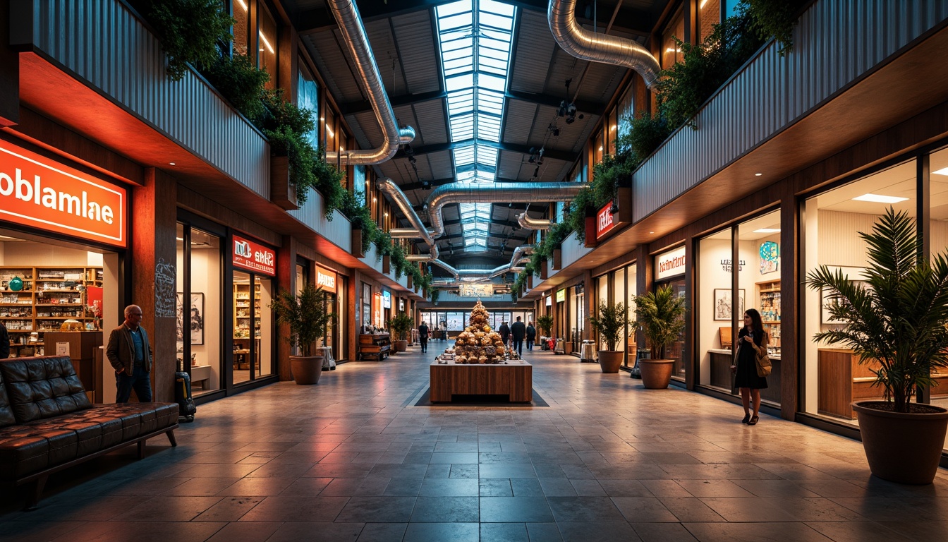 Prompt: Retro-futuristic shopping mall, corrugated iron fa\u00e7ade, industrial chic aesthetic, exposed ductwork, polished concrete floors, neon signage, vibrant color schemes, eclectic mix of textures, distressed wood accents, reclaimed metal decorations, urban graffiti, bustling atmosphere, warm softbox lighting, shallow depth of field, 1/2 composition, cinematic framing, realistic reflections, ambient occlusion.