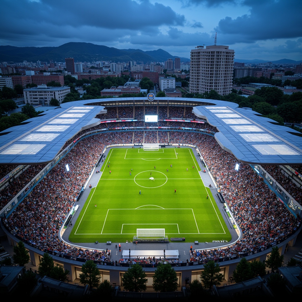 Prompt: Sleek soccer stadium, modernist architecture, curved lines, dynamic shapes, cantilevered roofs, transparent glass facades, metallic cladding, bold color schemes, geometric patterns, asymmetrical compositions, floodlighting, dramatic shadows, urban landscape, bustling cityscape, vibrant atmosphere, energetic crowds, green grass pitches, goalposts, stadium seating, VIP lounges, modern amenities, futuristic design elements, abstract sculptures, LED lighting systems, 3/4 composition, low-angle shot, cinematic lighting.