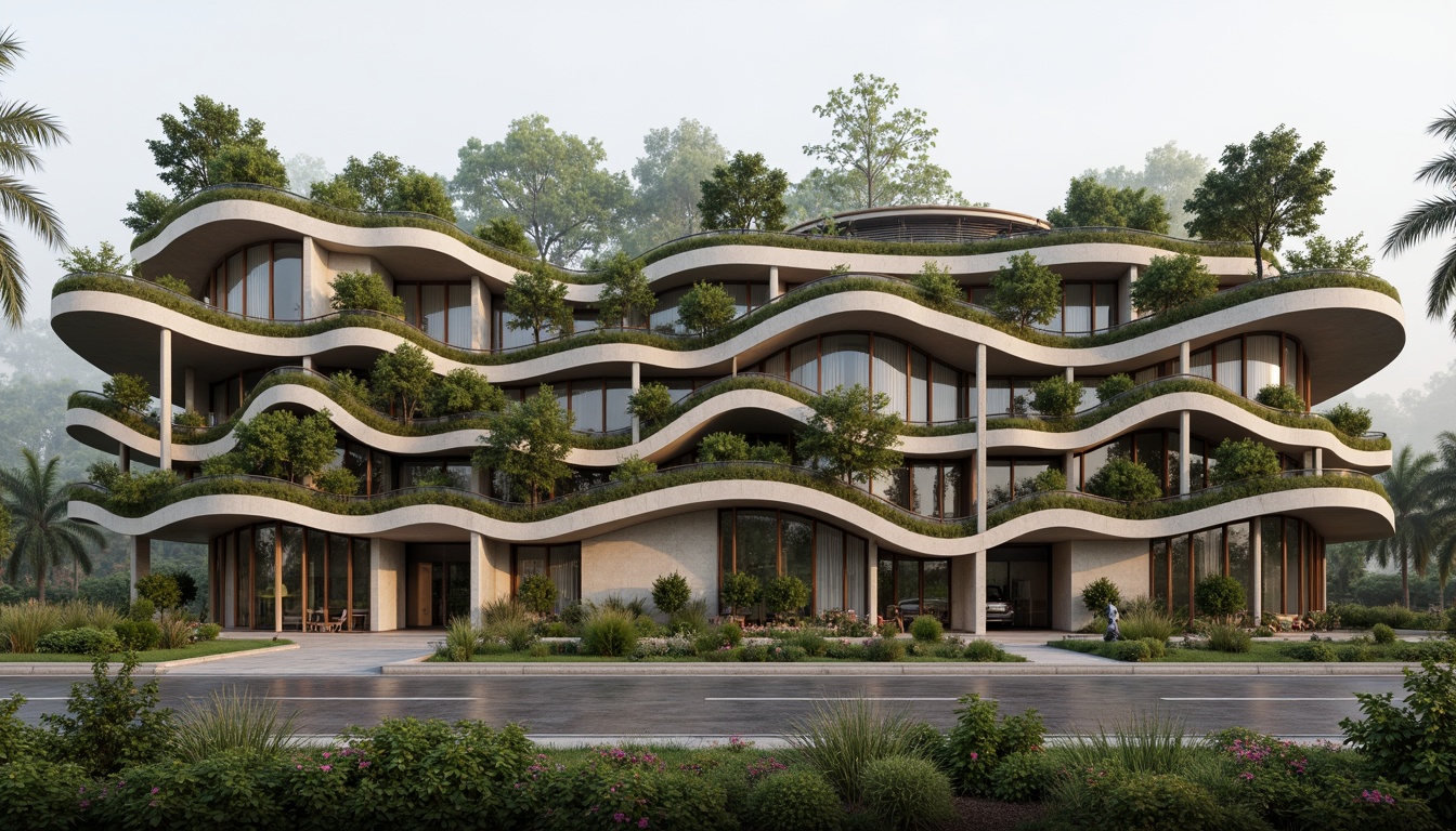 Prompt: Organic building facade, wavy lines, natural stone cladding, green walls, living roofs, blooming flowers, curved shapes, earthy tones, wooden accents, cantilevered structures, asymmetrical composition, soft diffused lighting, misty atmosphere, 1/1 ratio, intimate scale, harmonious integration with surroundings, sustainable materials, eco-friendly systems, rainwater harvesting, solar panels, natural ventilation, organic textures, intricate patterns inspired by nature.