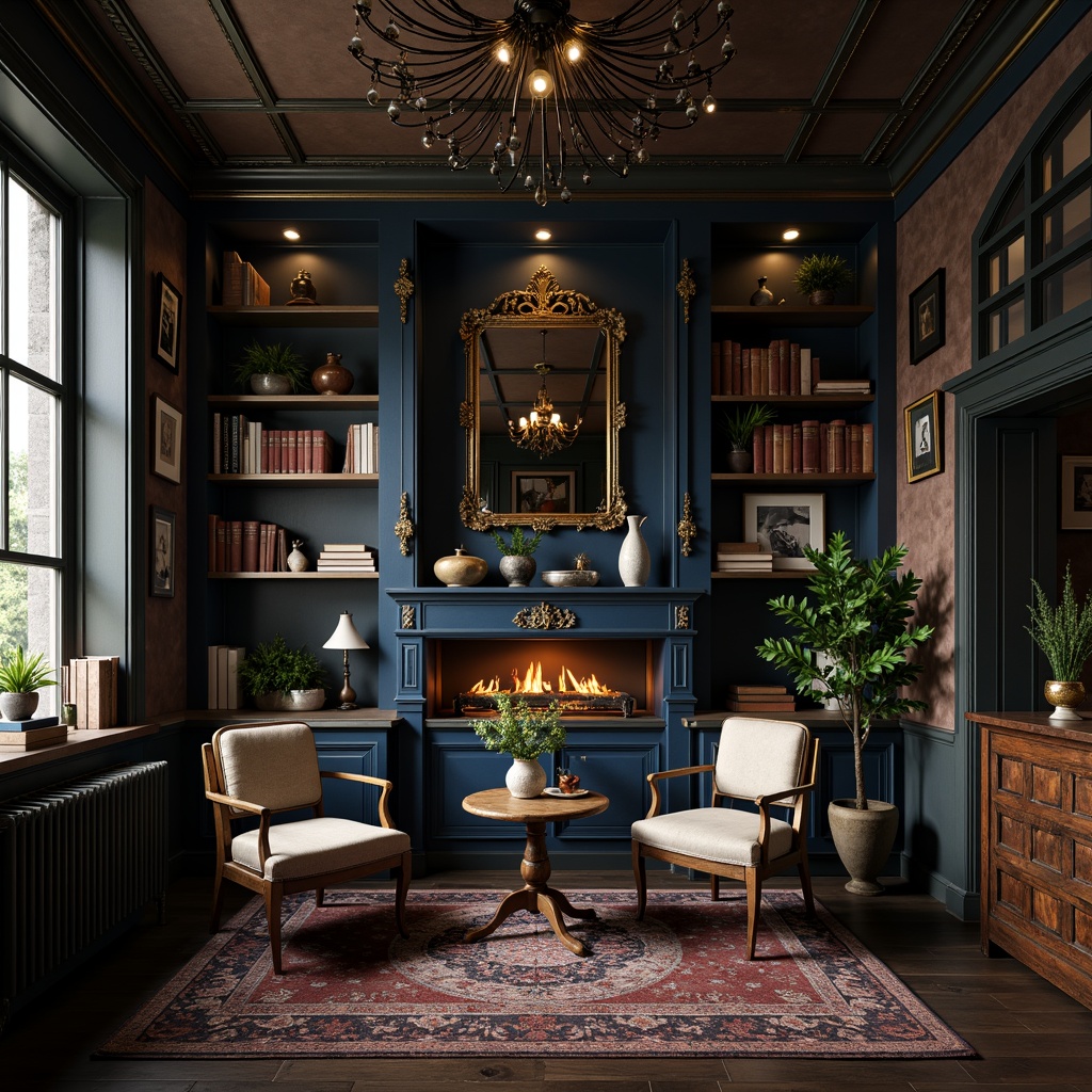 Prompt: Rich Prussian blue accents, warm golden lighting, soft creamy whites, deep charcoal grays, luxurious velvet textures, ornate gold frames, mysterious dark woods, antique leather-bound books, vintage distressed finishes, dramatic high-contrast shadows, cinematic 2.35