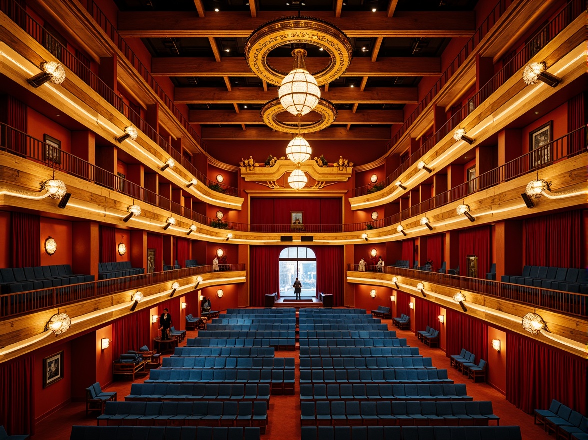 Prompt: Vibrant concert hall, rich wood tones, warm golden lighting, bold red accents, deep blue seats, polished metal fixtures, luxurious velvet curtains, ornate chandeliers, grand staircase, opulent balconies, lavish box seats, dramatic spotlights, soft warm glow, shallow depth of field, 1/1 composition, realistic textures, ambient occlusion.