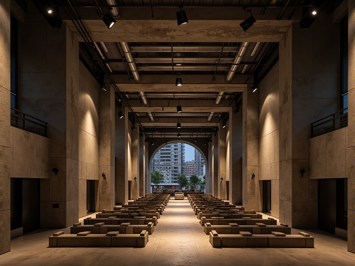 Prompt: Raw concrete walls, exposed ductwork, industrial metal beams, minimalist seating, avant-garde stage design, dramatic spotlights, reverberant sound reflections, echoey ambiance, brutalist architecture, angular lines, monochromatic color scheme, urban cityscape, evening atmosphere, warm golden lighting, shallow depth of field, 1/2 composition, symmetrical framing, high-contrast textures, ambient occlusion.