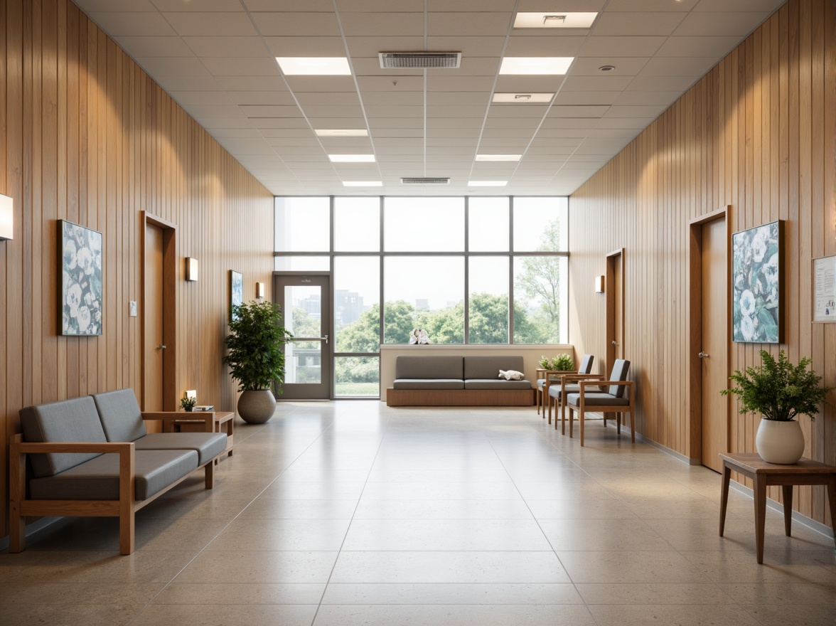 Prompt: Soothing hospital corridors, calming color schemes, natural wood accents, comfortable waiting areas, ergonomic seating, gentle lighting, acoustic panels, minimalist decor, functional nurse stations, private patient rooms, large windows, abundant natural light, soft flooring, warm textures, peaceful artwork, serene atmosphere, shallow depth of field, 1/1 composition, realistic renderings, ambient occlusion.