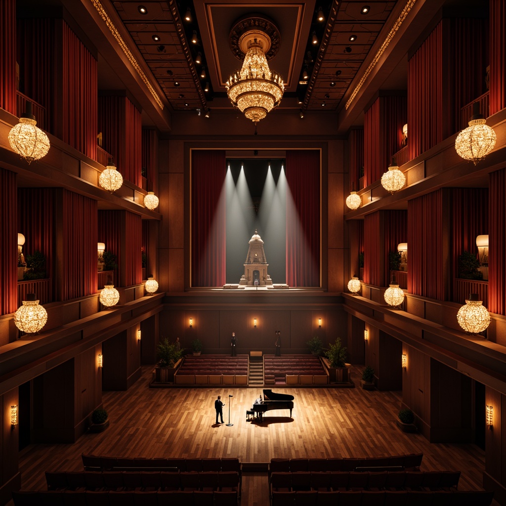 Prompt: Intimate concert hall, rich wood tones, velvet curtains, ornate chandeliers, tiered seating, polished wooden floors, acoustic panels, sound-absorbing materials, precise speaker placement, optimized reverberation time, warm ambient lighting, dramatic spotlights, grand piano, live performance, energetic atmosphere, 3/4 composition, shallow depth of field, realistic textures, ambient occlusion.