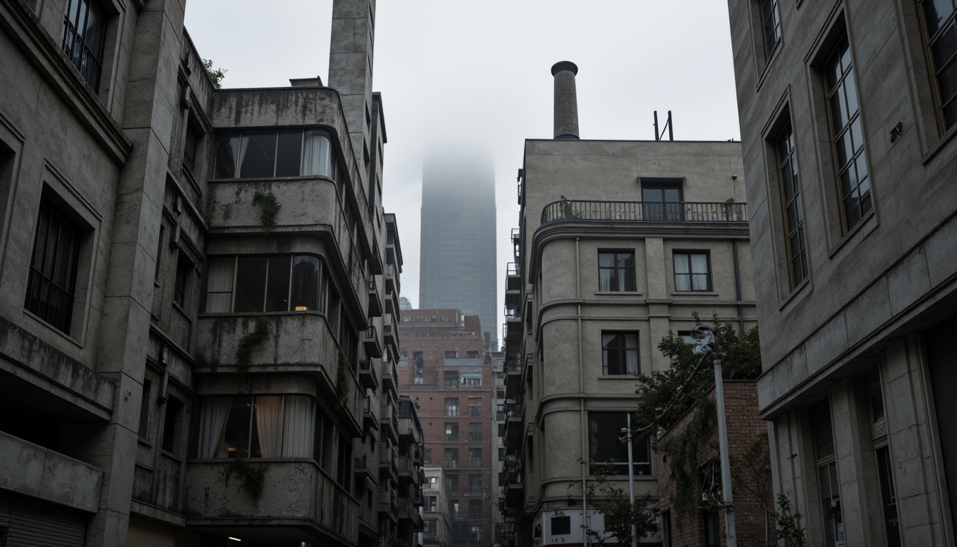 Prompt: Rugged concrete structures, brutalist architecture, fortress-like buildings, raw unfinished surfaces, exposed ductwork, industrial pipes, metallic beams, reinforced columns, angular lines, geometric shapes, urban cityscape, overcast skies, dramatic shadows, high-contrast lighting, cinematic composition, 2.35