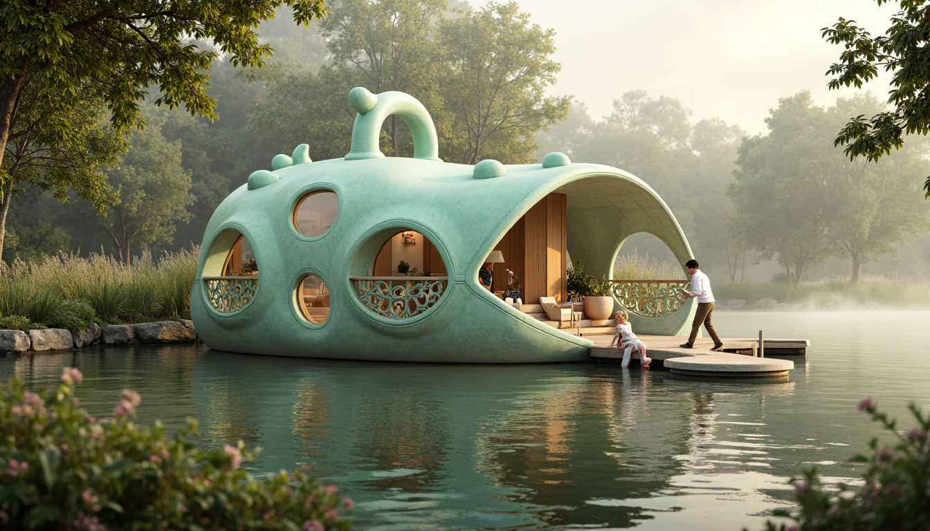 Prompt: Whimsical boathouse, soft mint green exterior, ornate Art Nouveau details, flowing curves, organic forms, delicate filigree, pastel color scheme, creamy whites, pale blues, warm beige accents, rustic wooden docks, lush water plants, serene lake surroundings, misty morning atmosphere, warm golden lighting, shallow depth of field, 1/2 composition, romantic soft focus, intricate textures, subtle ambient occlusion.