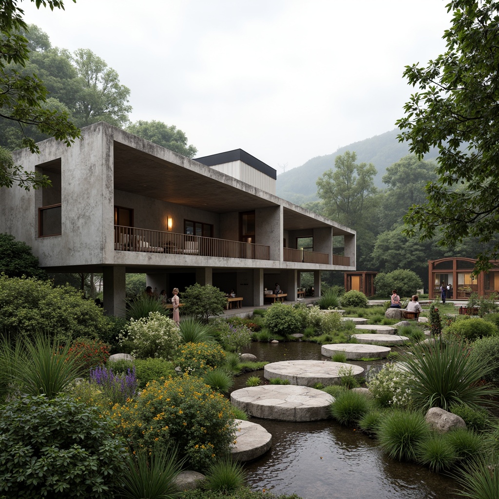 Prompt: Rugged pavilion, brutalist architecture, raw concrete structures, industrial materials, bold geometric forms, dramatic cantilevers, lush greenery, native plants, wildflowers, meandering pathways, weathered stone walls, reclaimed wood accents, naturalistic water features, organic shapes, earthy color palette, overcast sky, soft diffused lighting, atmospheric perspective, 1/2 composition, cinematic framing, high-contrast textures, ambient occlusion.