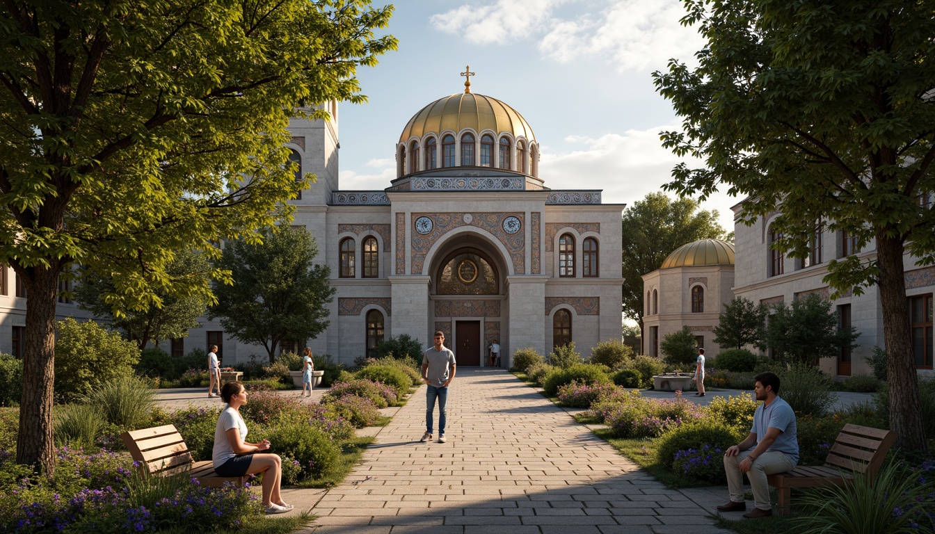 Prompt: Ancient stone church, ornate Byzantine architecture, lush greenery, vibrant flowers, intricately patterned mosaics, golden domes, rustic stone pathways, weathered wooden benches, lantern-style lighting, misty morning atmosphere, soft warm sunlight, shallow depth of field, 1/2 composition, symmetrical framing, realistic textures, ambient occlusion.