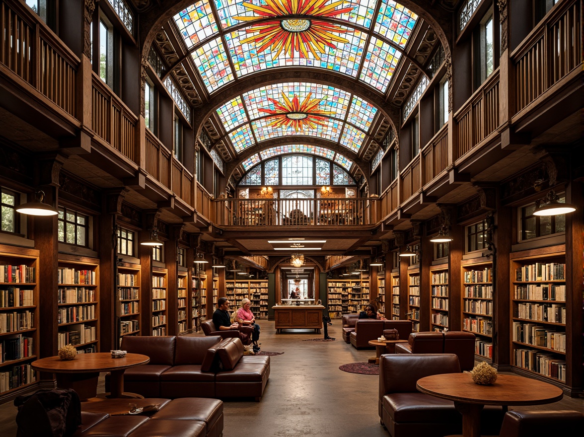 Prompt: Vibrant stained glass ceiling, colorful geometric patterns, warm natural light, cozy reading nooks, wooden bookshelves, comfortable seating areas, quiet study spaces, elegant architectural details, ornate metal frames, rich cultural heritage, spiritual ambiance, soft diffused lighting, 1/1 composition, realistic textures, ambient occlusion.