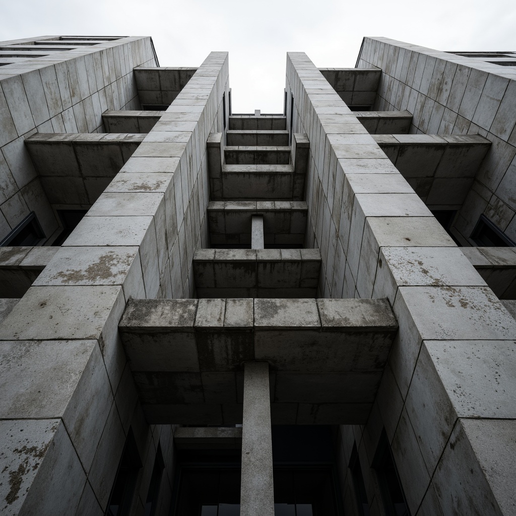 Prompt: Rugged brutalist facade, raw concrete textures, fortress-like structure, angular geometries, monumental scale, urban cityscape, overcast sky, dramatic shadows, bold architectural forms, exposed ductwork, industrial materials, functional minimalism, repetitive rhythms, abstract patterns, cold monochromatic color palette, high-contrast lighting, cinematic composition, atmospheric perspective, gritty realistic rendering.