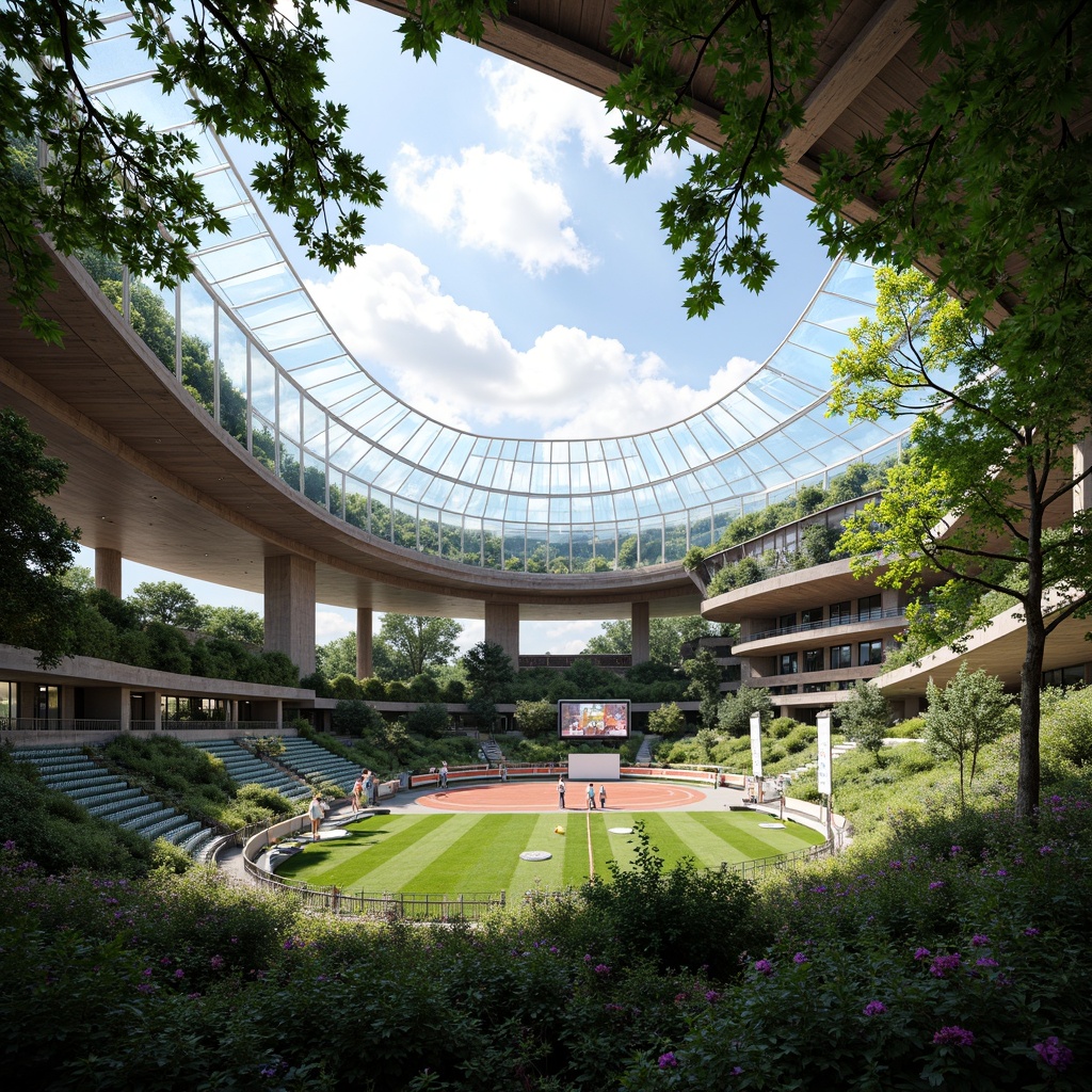 Prompt: Transparent stadium roof, lush greenery, organic curves, natural ventilation, earthy tones, reclaimed wood accents, living walls, bio-inspired columns, undulating seating areas, dynamic lighting systems, misting cooling technologies, panoramic views, shallow depth of field, 3/4 composition, realistic textures, ambient occlusion, vibrant athletic tracks, modern scoreboard displays, sleek athlete sculptures, eco-friendly materials, sustainable energy solutions.