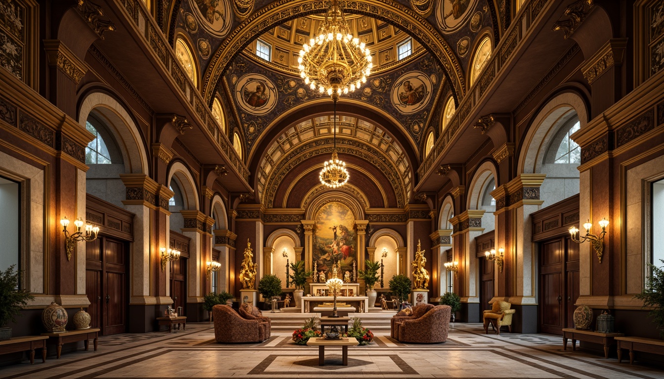 Prompt: Intricate mosaics, golden domes, ornate chandeliers, marble floors, vaulted ceilings, grand archways, rich tapestries, ornamental icons, lavish altarpieces, intricate carvings, polished stone columns, dim warm lighting, soft shadows, atmospheric ambiance, 1/1 composition, symmetrical framing, realistic textures, ambient occlusion.