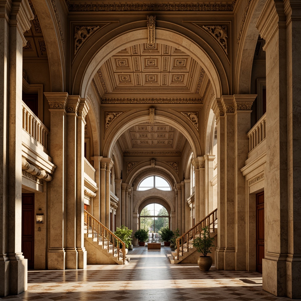 Prompt: Grandiose high school building, ornate Renaissance fa\u00e7ade, intricately carved stone columns, majestic archways, ornamental balconies, decorative cornices, rusticated quoins, grand entrance hall, sweeping staircases, polished marble floors, richly textured walls, warm golden lighting, shallow depth of field, 1/2 composition, symmetrical framing, realistic textures, ambient occlusion.