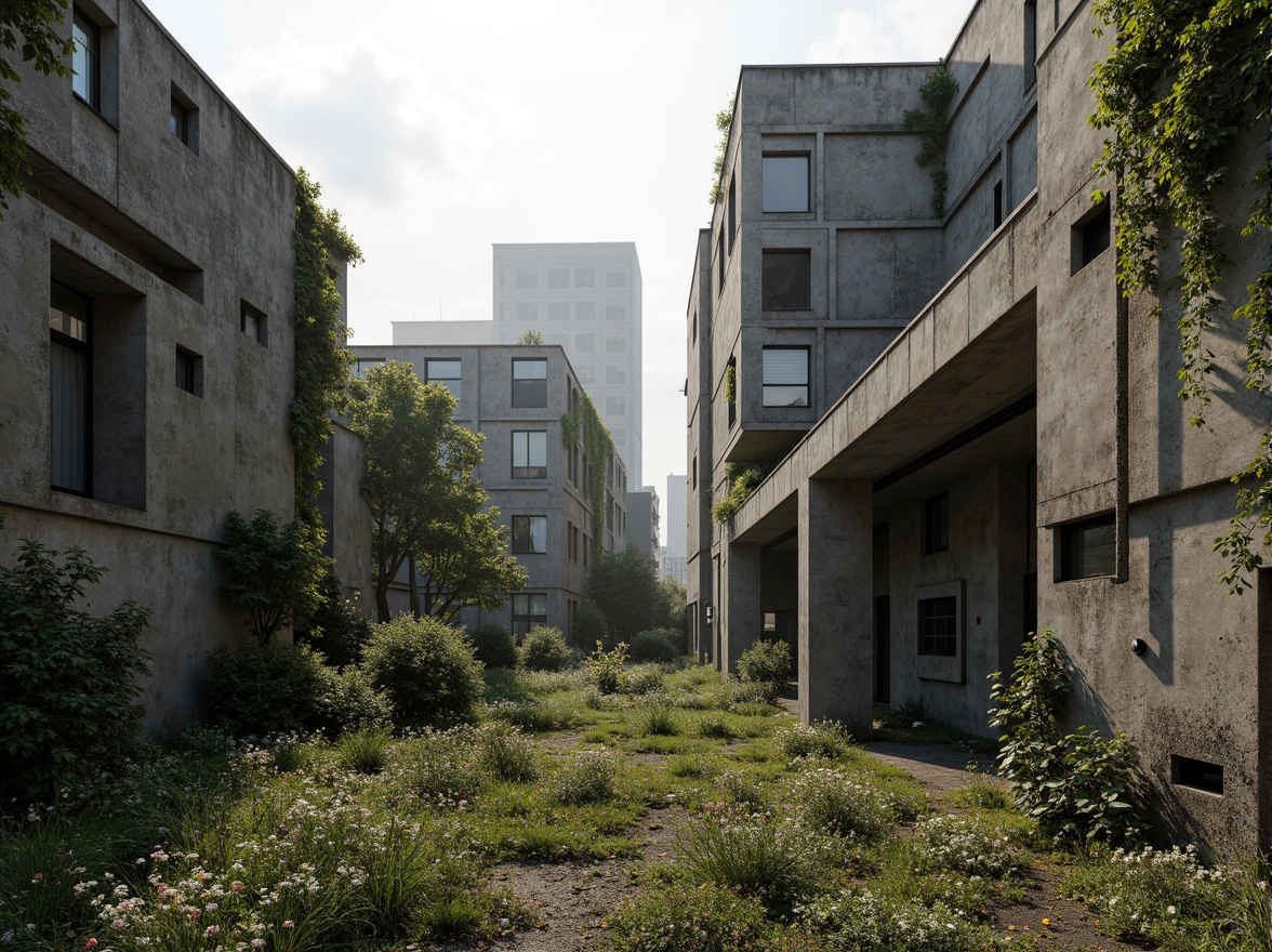 Prompt: Rugged brutalist buildings, raw concrete textures, fortress-like structures, overgrown vegetation, wildflowers, moss-covered walls, industrial landscapes, abandoned factories, crumbling infrastructure, distressed metal accents, exposed ductwork, brutalist sculptures, harsh natural lighting, dramatic shadows, 3/4 composition, low-angle shot, gritty realistic renderings, ambient occlusion.