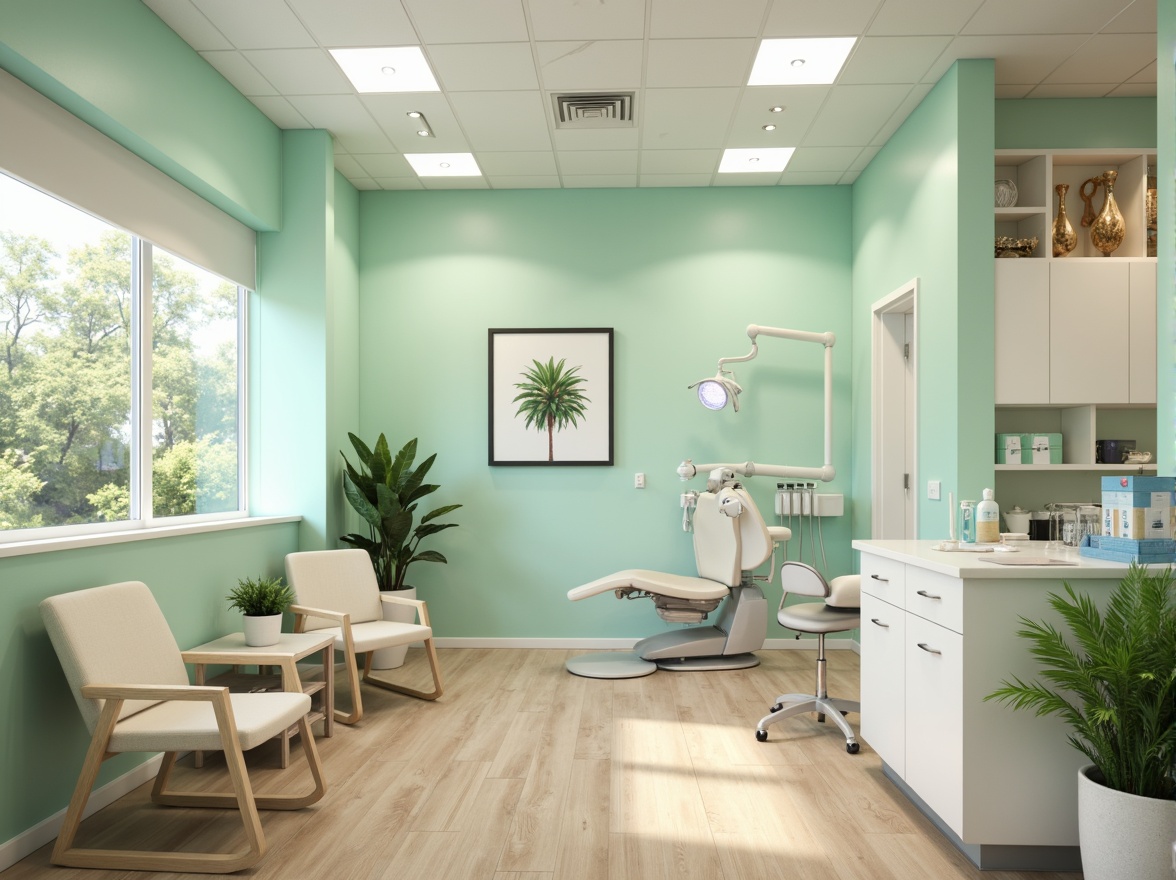 Prompt: Calming dental clinic, soft mint green walls, creamy white furniture, warm beige floors, gentle blue accents, soothing ambient lighting, natural wood textures, minimalist decor, modern sleek equipment, sterile stainless steel surfaces, comfortable patient chairs, calming nature-inspired artwork, serene waiting area, peaceful atmosphere, shallow depth of field, 1/1 composition, realistic renderings, subtle gradient effects.