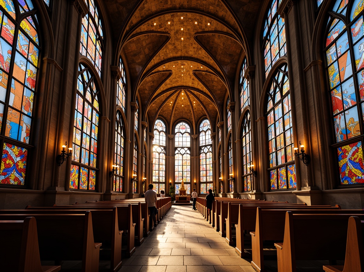 Prompt: Vibrant stained glass windows, rich jewel-toned mosaics, warm golden lighting, ornate intricate patterns, grandiose cathedral ceilings, modern minimalist chapels, sleek metal accents, sacred geometric symbols, bold contrasting colors, dramatic shadows, soft ambient illumination, 1/1 composition, symmetrical framing, realistic textures, subtle atmospheric effects.