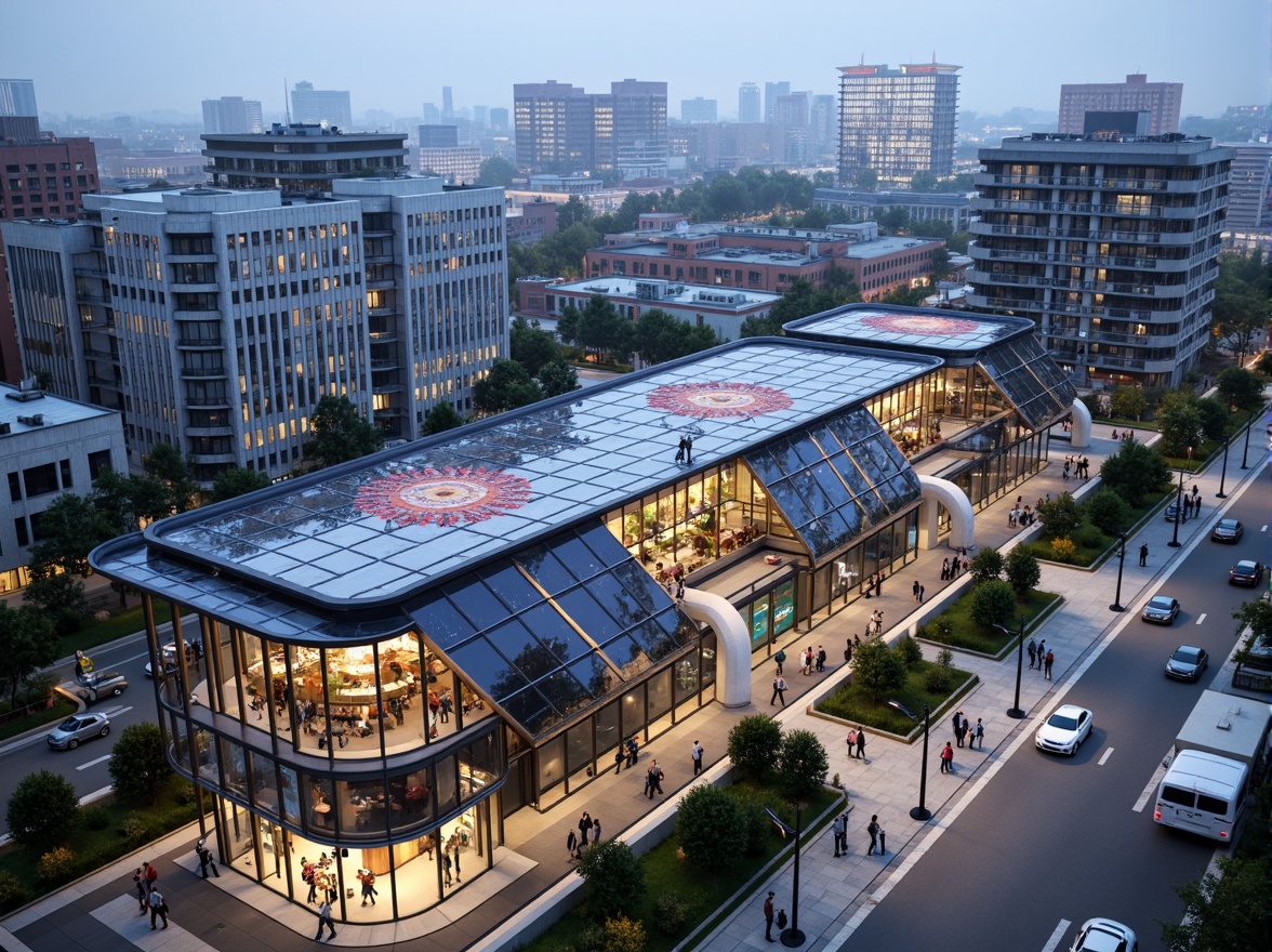 Prompt: Futuristic tram station, curved glass fa\u00e7ade, dynamic LED lighting, sleek metal frames, cantilevered roofs, green walls, urban landscape, busy streets, modern architecture, angular lines, minimalist design, sustainable energy solutions, solar panels, wind turbines, water conservation systems, eco-friendly materials, innovative cooling technologies, shaded outdoor spaces, misting systems, vibrant colorful textiles, intricate geometric motifs, panoramic view, realistic textures, ambient occlusion.