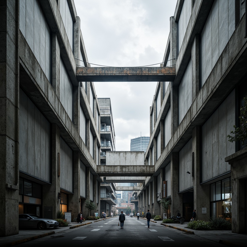 Prompt: Massive concrete forms, brutalist architecture, industrial distribution center, rugged textures, exposed ductwork, raw steel beams, functional minimalism, urban cityscape, overcast skies, dramatic shadows, high-contrast lighting, cinematic composition, symmetrical framing, bold geometric shapes, reinforced materials, utilitarian aesthetic, functional simplicity, mechanized systems, metallic accents, distressed finishes, monumental scale, imposing presence, atmospheric misting.