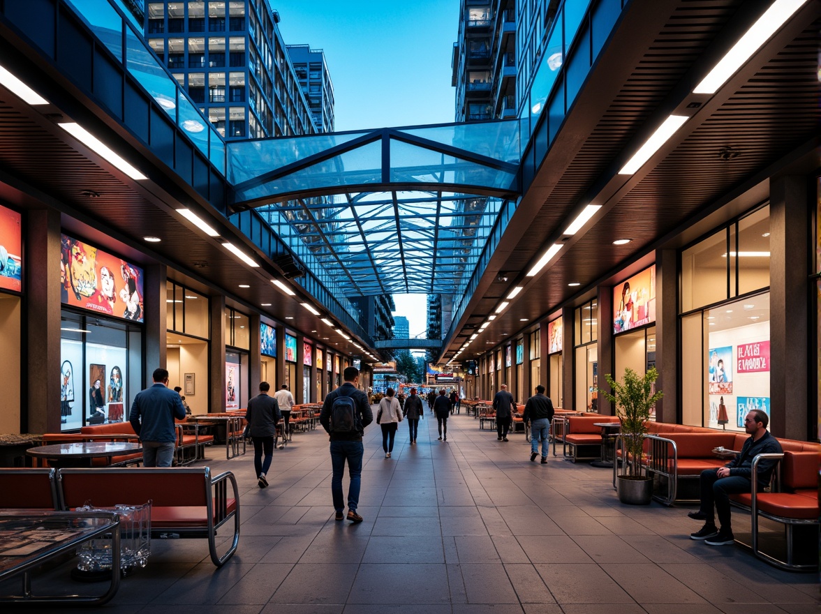 Prompt: Vibrant tram station, modern architecture, sleek metal beams, glass roofs, LED light installations, futuristic ambiance, dynamic color schemes, neon signs, urban cityscape, busy pedestrian traffic, rush hour atmosphere, soft warm lighting, shallow depth of field, 1/1 composition, realistic textures, ambient occlusion, suspended ceiling lights, linear fluorescent lamps, circular pendant lights, geometric patterned flooring, polished metal handrails, comfortable seating areas.