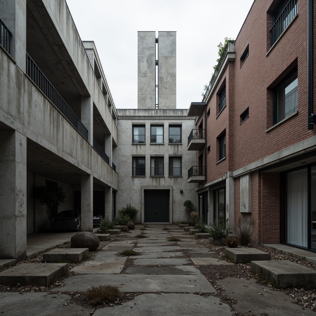 Prompt: Rough concrete walls, exposed ductwork, industrial metal beams, raw brick facades, distressed wood accents, brutalist fortress-like structures, rugged stone foundations, cold steel railings, minimalist ornamentation, functional simplicity, urban cityscape, overcast skies, dramatic shadows, high-contrast lighting, 1/1 composition, symmetrical framing, realistic material textures, ambient occlusion.