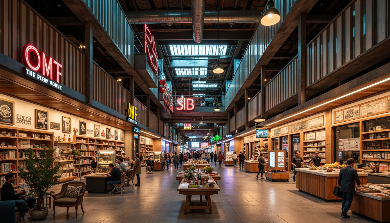 Prompt: Retro-futuristic shopping mall, corrugated iron fa\u00e7ade, industrial chic aesthetic, exposed ductwork, polished concrete floors, neon signage, vibrant color schemes, eclectic mix of textures, distressed wood accents, reclaimed metal decorations, urban graffiti, bustling atmosphere, warm softbox lighting, shallow depth of field, 1/2 composition, cinematic framing, realistic reflections, ambient occlusion.