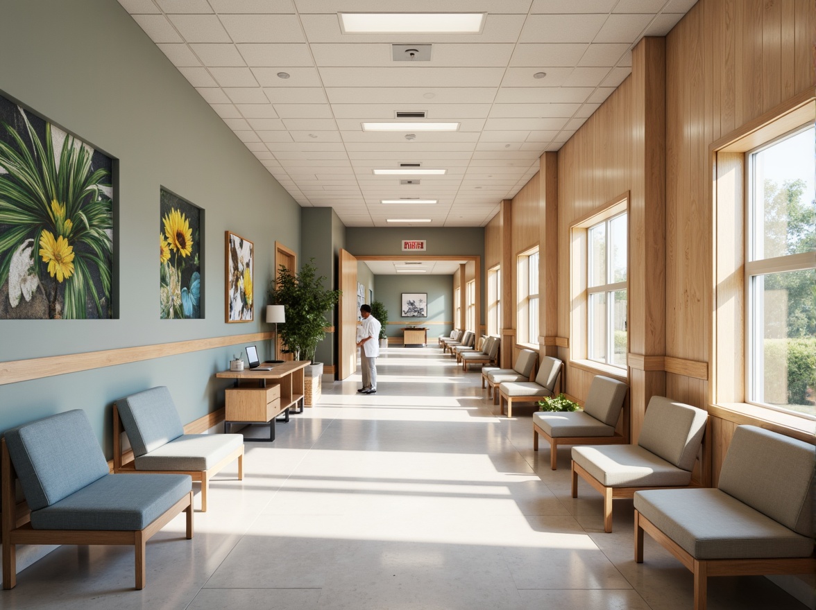 Prompt: Soothing hospital corridors, calming color schemes, natural wood accents, comfortable waiting areas, ergonomic seating, gentle lighting, acoustic panels, minimalist decor, functional nurse stations, private patient rooms, large windows, abundant natural light, soft flooring, warm textures, peaceful artwork, serene atmosphere, shallow depth of field, 1/1 composition, realistic renderings, ambient occlusion.