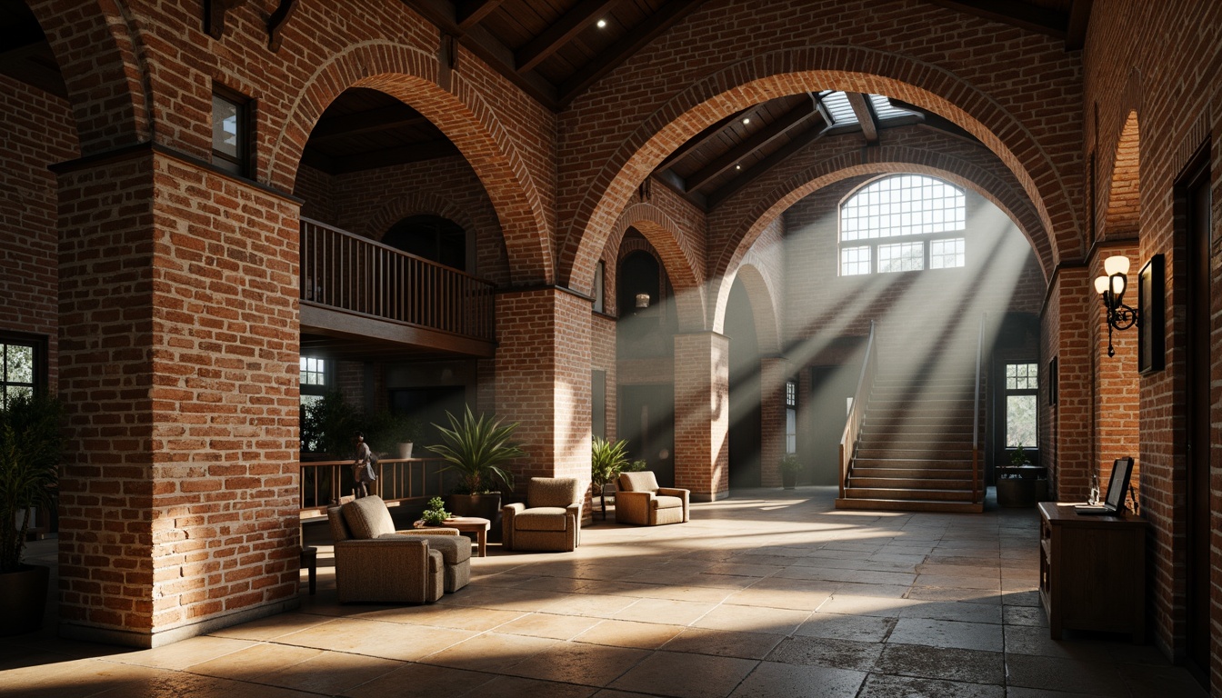 Prompt: Rustic warehouse interior, exposed brick walls, vaulted ceilings, Romanesque arches, industrial metal beams, reclaimed wood accents, earthy color palette, warm soft lighting, shallow depth of field, 1/1 composition, realistic textures, ambient occlusion, atmospheric mist, dramatic shadows, ancient-inspired carvings, ornate stone details, grandiose scale, mysterious ambiance.