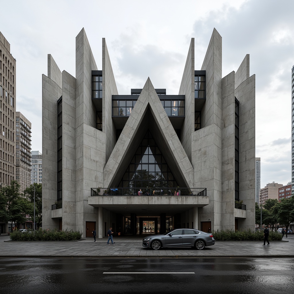 Prompt: Rugged concert house facade, brutalist architecture style, raw concrete textures, fortress-like structure, asymmetrical composition, dramatic cantilevered roofs, industrial metal accents, minimalist ornamentation, bold geometric forms, monochromatic color scheme, urban cityscape background, cloudy overcast sky, high-contrast lighting, deep shadows, 1/2 composition, cinematic camera angle, gritty realistic rendering.