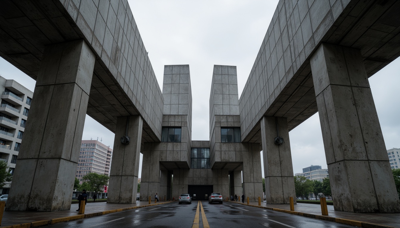 Prompt: Massive concrete forms, brutalist architecture, industrial distribution center, rugged textures, exposed ductwork, raw steel beams, functional minimalism, urban cityscape, overcast skies, dramatic shadows, high-contrast lighting, cinematic composition, symmetrical framing, bold geometric shapes, reinforced materials, utilitarian aesthetic, functional simplicity, mechanized systems, metallic accents, distressed finishes, monumental scale, imposing presence, atmospheric misting.