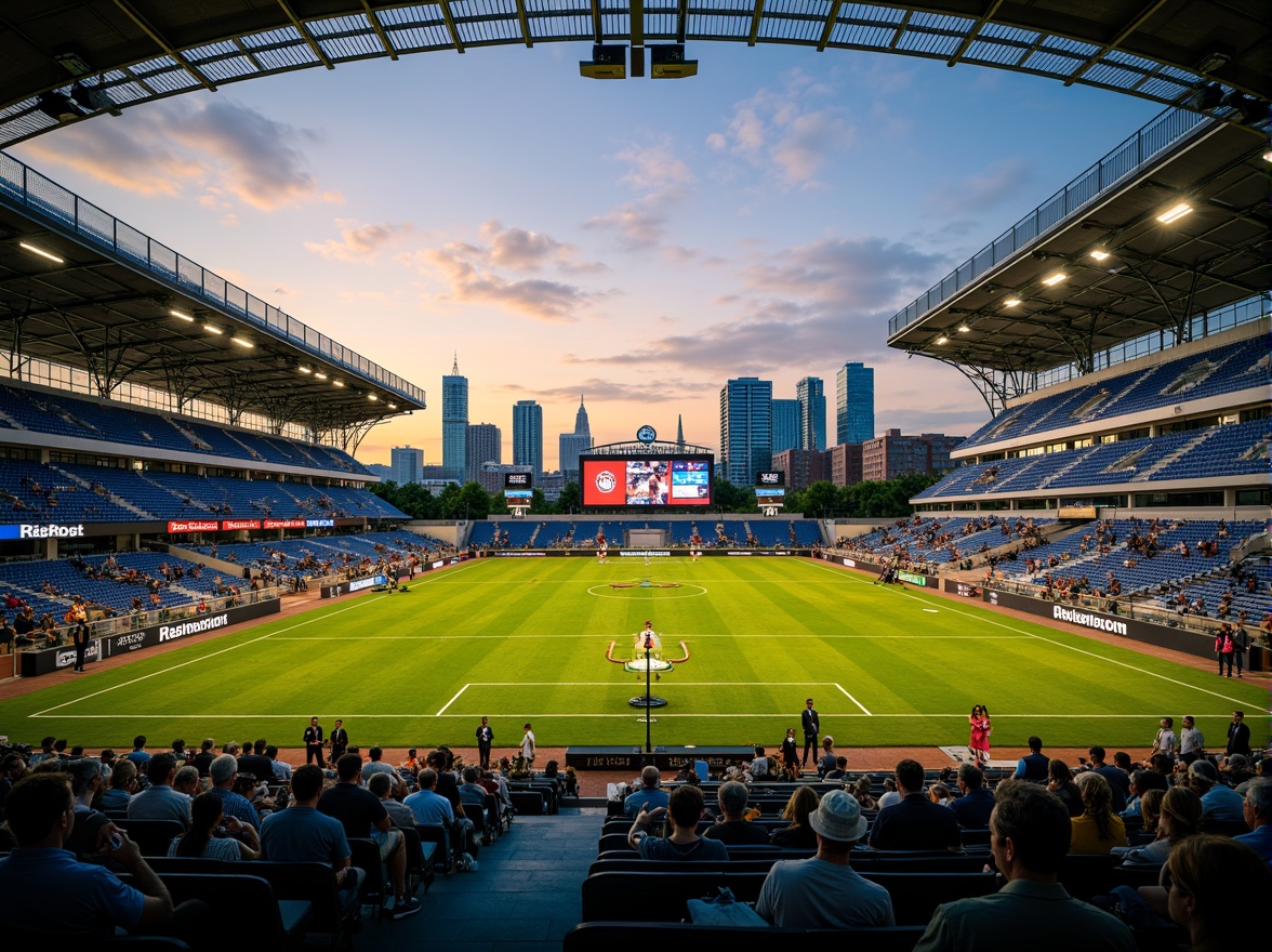 Prompt: Vibrant green turf, sleek metallic goalposts, bold team color accents, dynamic LED lighting, futuristic architecture, curved lines, minimalist design, premium seating areas, luxurious VIP lounges, modern scoreboard displays, high-tech sound systems, urban cityscape backdrop, evening sunset ambiance, warm golden lighting, shallow depth of field, 3/4 composition, panoramic view, realistic textures, ambient occlusion.