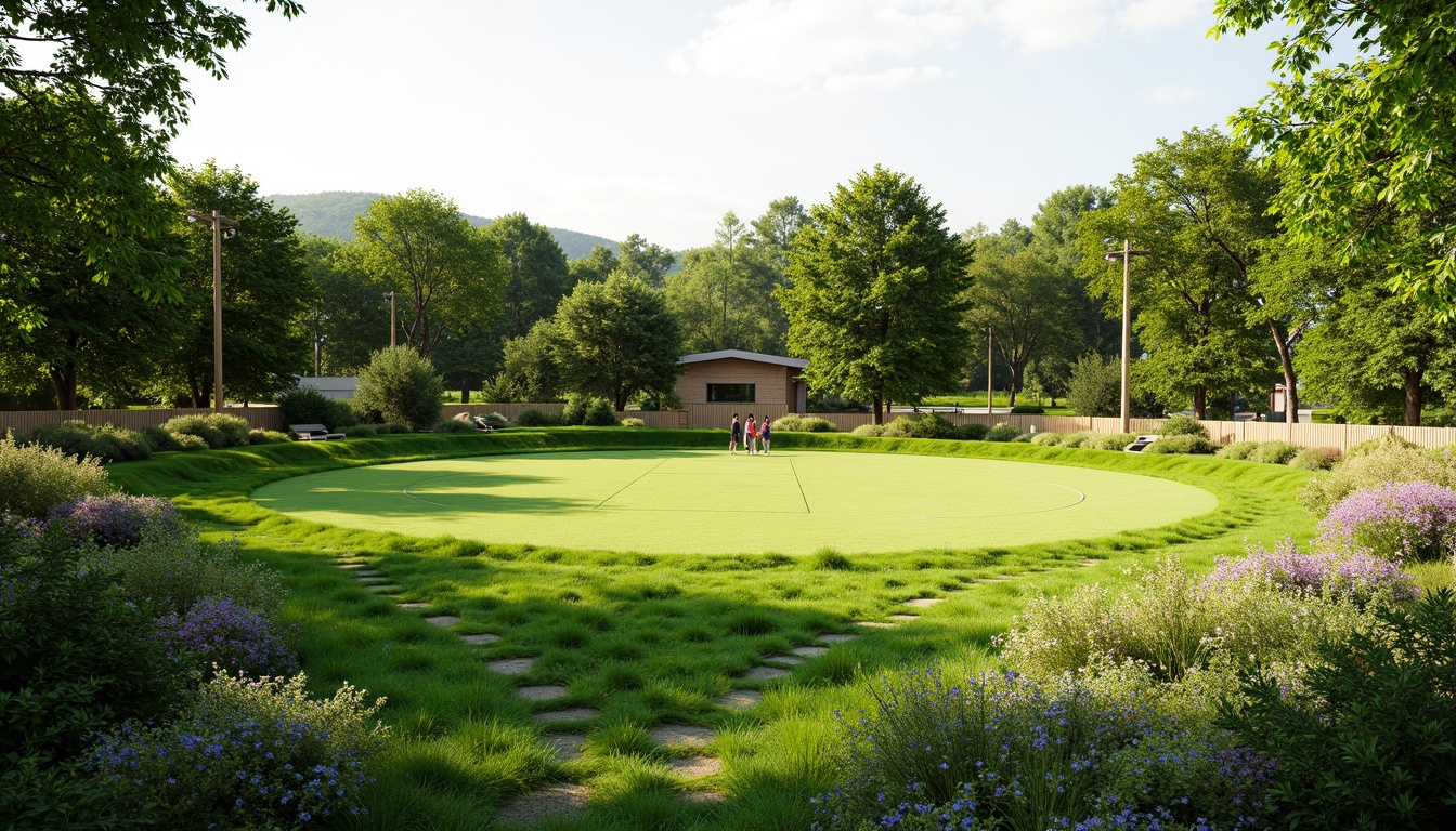 Prompt: Natural sports field, lush green grass, organic curves, undulating terrain, meandering pathways, native plant species, wildflower blooms, rustic wooden benches, recycled material fences, eco-friendly irrigation systems, solar-powered lighting, soft warm ambiance, shallow depth of field, 3/4 composition, panoramic view, realistic textures, ambient occlusion.