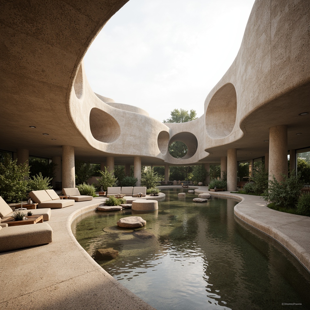 Prompt: Curved memorial center, undulating blob-like structures, organic forms, natural stone materials, earthy tones, moss-covered walls, tranquil atmosphere, serene water features, gentle ripples, soft lighting, shallow depth of field, 1/1 composition, intimate scale, warm beige colors, wooden accents, minimalist landscaping, subtle texture variations, ambient occlusion.