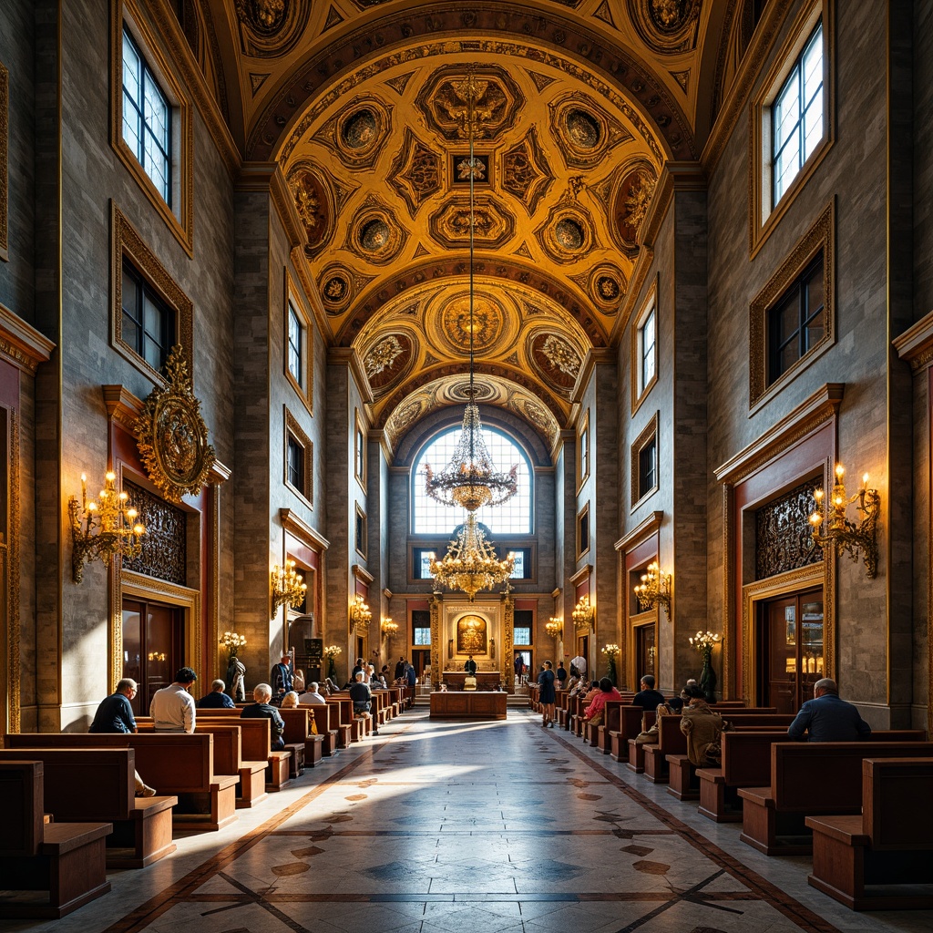 Prompt: Golden dome, ornate mosaics, intricate stone carvings, Byzantine architectural style, grand cathedral interior, high ceilings, vaulted arches, ornate chandeliers, stained glass windows, marble floors, richly patterned textiles, warm soft lighting, shallow depth of field, 1/1 composition, symmetrical view, realistic textures, ambient occlusion.