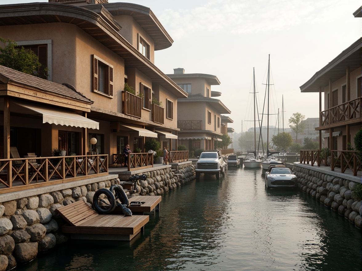 Prompt: Winding waterfront, rustic wooden docks, sailboats and yachts, nautical ropes and anchors, curved rooflines, undulating balconies, wavy railings, wooden shutters, earthy color palette, natural stone foundations, weathered wood textures, soft warm lighting, misty morning atmosphere, shallow depth of field, 1/2 composition, realistic water reflections, ambient occlusion.