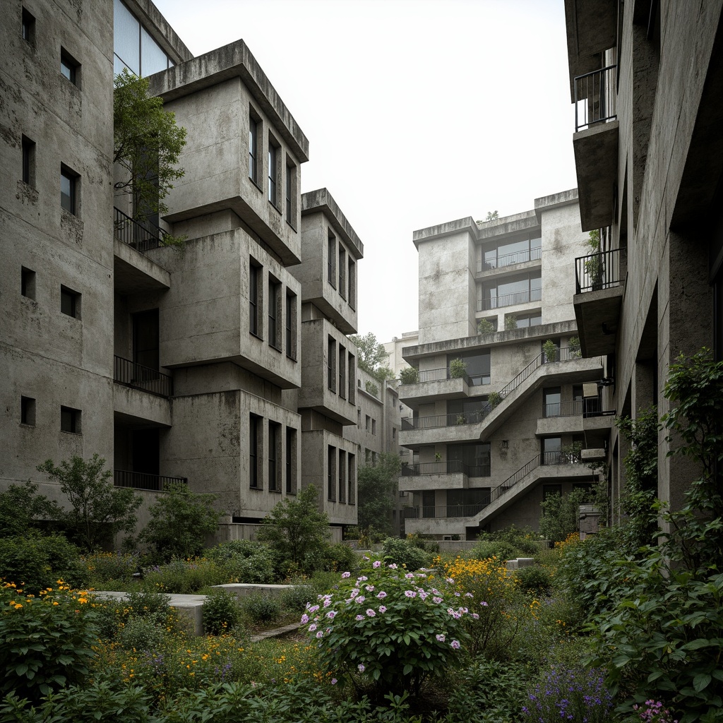 Prompt: Rugged brutalist buildings, raw concrete textures, fortress-like structures, overgrown vegetation, wildflowers, moss-covered walls, industrial landscapes, abandoned factories, crumbling infrastructure, distressed metal accents, exposed ductwork, brutalist sculptures, harsh natural lighting, dramatic shadows, 3/4 composition, low-angle shot, gritty realistic renderings, ambient occlusion.