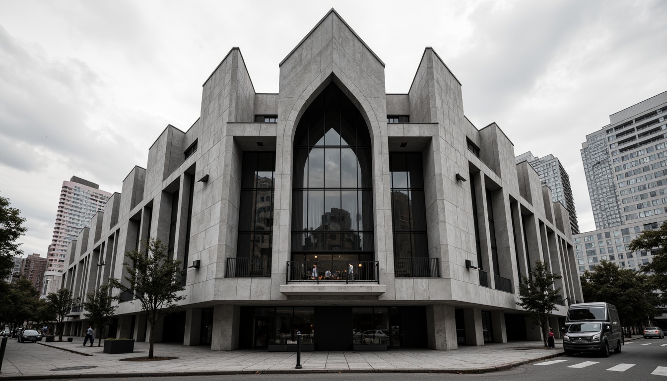 Prompt: Rugged concert house facade, brutalist architecture style, raw concrete textures, fortress-like structure, asymmetrical composition, dramatic cantilevered roofs, industrial metal accents, minimalist ornamentation, bold geometric forms, monochromatic color scheme, urban cityscape background, cloudy overcast sky, high-contrast lighting, deep shadows, 1/2 composition, cinematic camera angle, gritty realistic rendering.