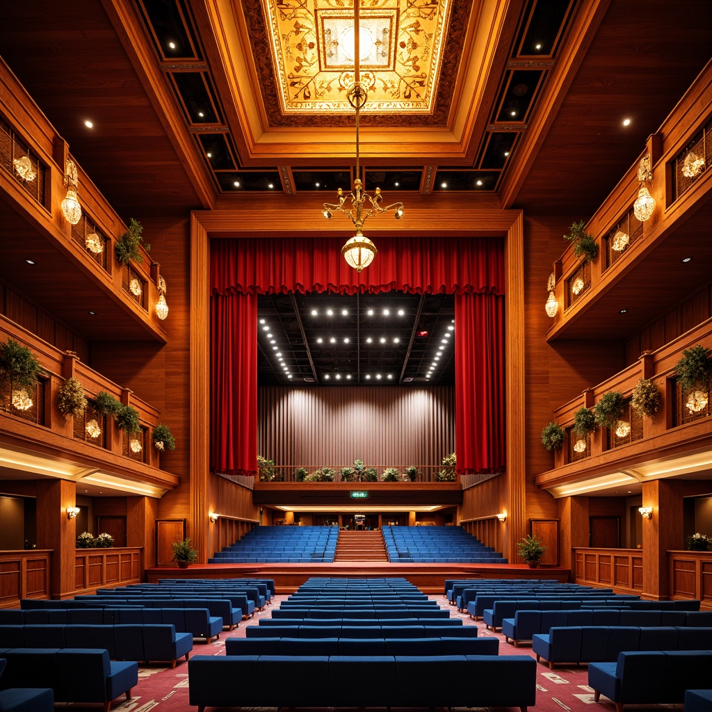 Prompt: Vibrant concert hall, rich wood tones, warm golden lighting, bold red accents, deep blue seats, polished metal fixtures, luxurious velvet curtains, ornate chandeliers, grand staircase, opulent balconies, lavish box seats, dramatic spotlights, soft warm glow, shallow depth of field, 1/1 composition, realistic textures, ambient occlusion.