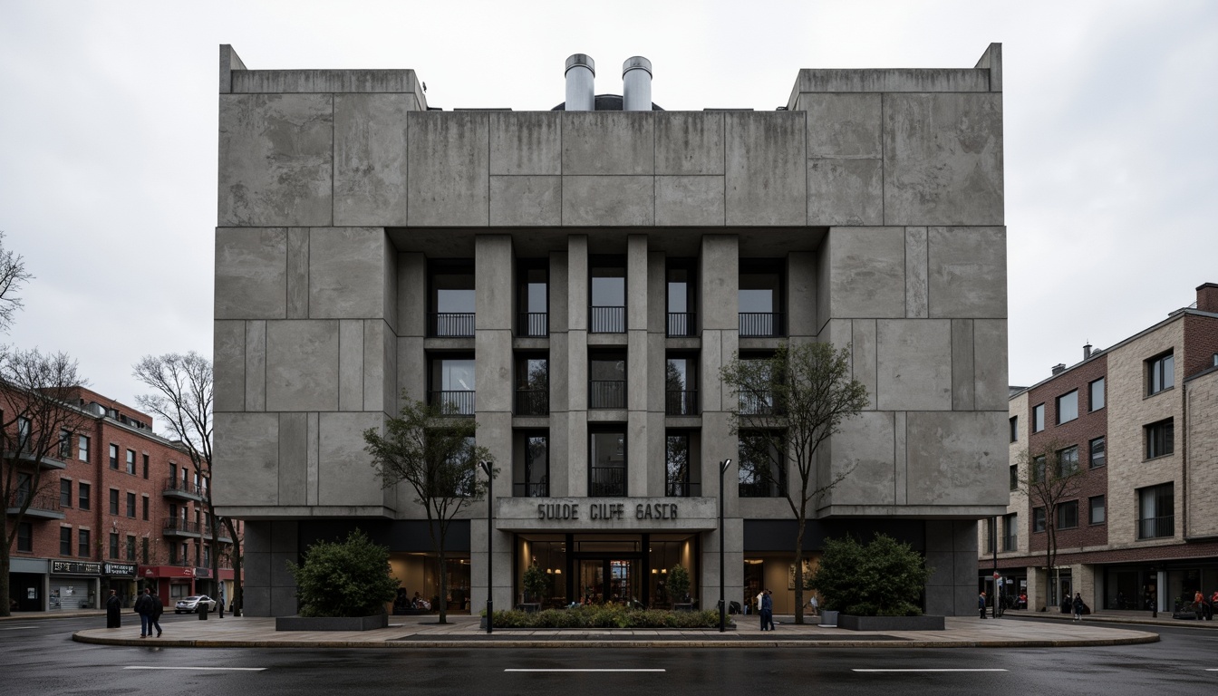 Prompt: Rugged brutalist facade, raw concrete textures, fortress-like structure, angular geometries, monumental scale, urban cityscape, overcast sky, dramatic shadows, bold architectural forms, exposed ductwork, industrial materials, functional minimalism, cold monochromatic color palette, high-contrast lighting, deep depth of field, 2/3 composition, symmetrical framing, gritty realistic render.