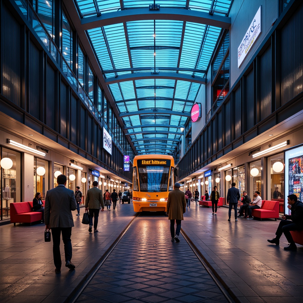 Prompt: Vibrant tram station, modern architecture, sleek metal beams, glass roofs, LED light installations, futuristic ambiance, dynamic color schemes, neon signs, urban cityscape, busy pedestrian traffic, rush hour atmosphere, soft warm lighting, shallow depth of field, 1/1 composition, realistic textures, ambient occlusion, suspended ceiling lights, linear fluorescent lamps, circular pendant lights, geometric patterned flooring, polished metal handrails, comfortable seating areas.