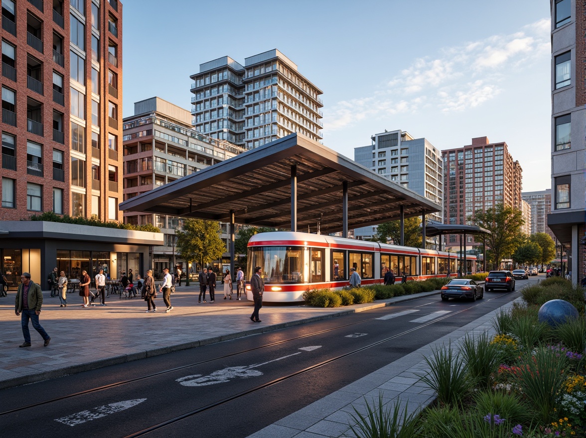 Prompt: Vibrant cityscape, modern tram station, sleek glass roofs, steel beams, urban integration, pedestrian-friendly infrastructure, green spaces, public art installations, bustling streets, mixed-use development, commercial offices, residential apartments, restaurants, cafes, street performers, lively atmosphere, warm evening lighting, shallow depth of field, 1/2 composition, realistic textures, ambient occlusion.