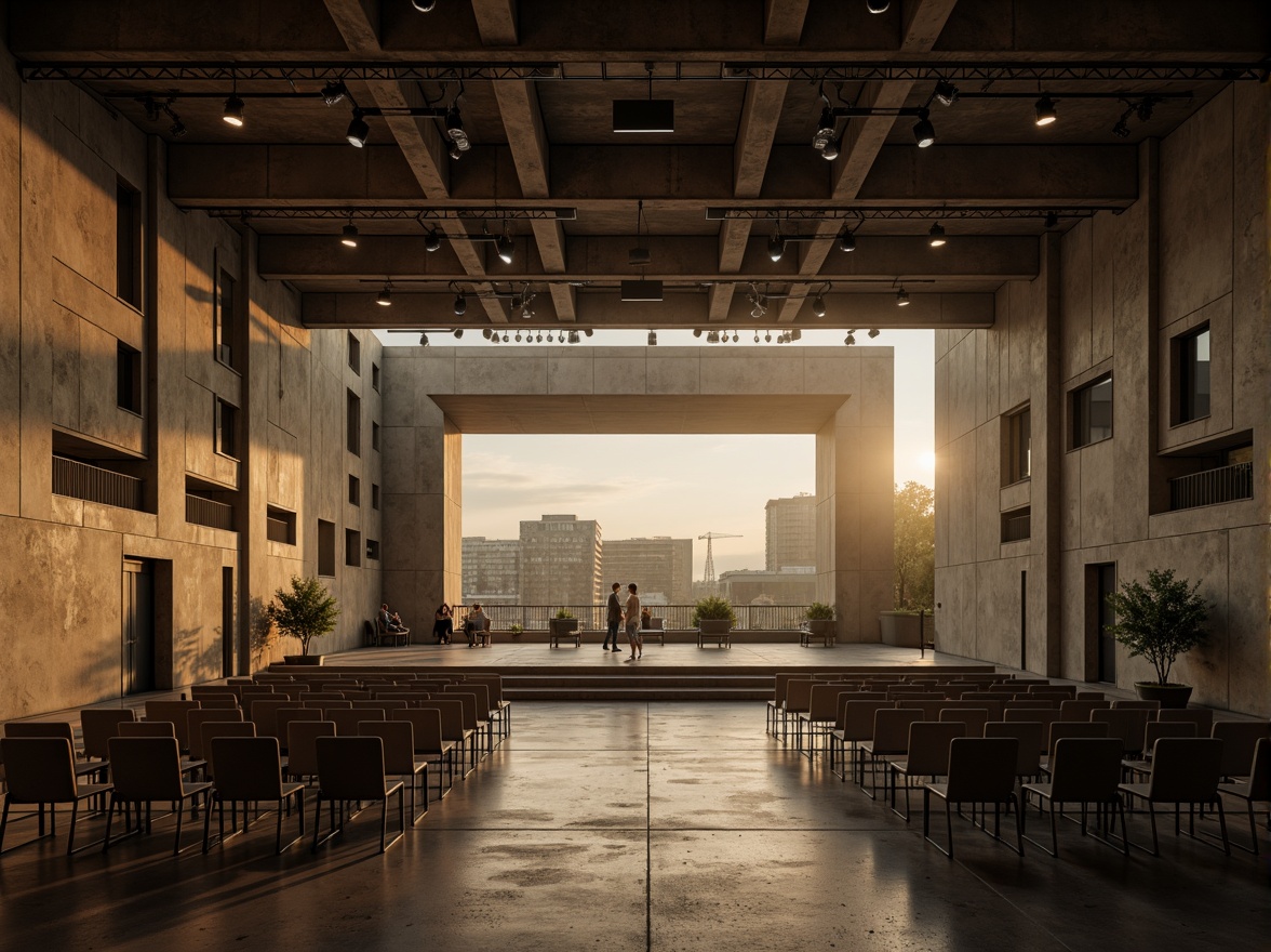 Prompt: Raw concrete walls, exposed ductwork, industrial metal beams, minimalist seating, avant-garde stage design, dramatic spotlights, reverberant sound reflections, echoey ambiance, brutalist architecture, angular lines, monochromatic color scheme, urban cityscape, evening atmosphere, warm golden lighting, shallow depth of field, 1/2 composition, symmetrical framing, high-contrast textures, ambient occlusion.