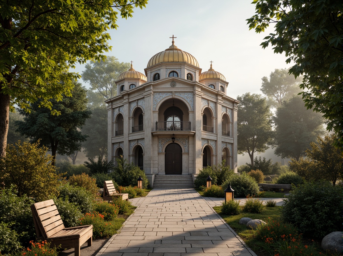 Prompt: Ancient stone church, ornate Byzantine architecture, lush greenery, vibrant flowers, intricately patterned mosaics, golden domes, rustic stone pathways, weathered wooden benches, lantern-style lighting, misty morning atmosphere, soft warm sunlight, shallow depth of field, 1/2 composition, symmetrical framing, realistic textures, ambient occlusion.