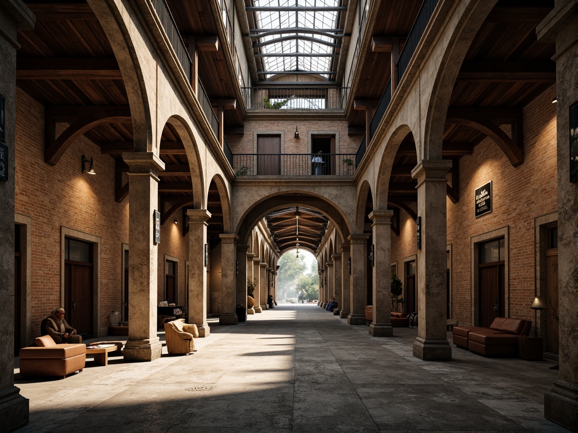 Prompt: Rustic warehouse interior, exposed brick walls, vaulted ceilings, Romanesque arches, industrial metal beams, reclaimed wood accents, earthy color palette, warm soft lighting, shallow depth of field, 1/1 composition, realistic textures, ambient occlusion, atmospheric mist, dramatic shadows, ancient-inspired carvings, ornate stone details, grandiose scale, mysterious ambiance.